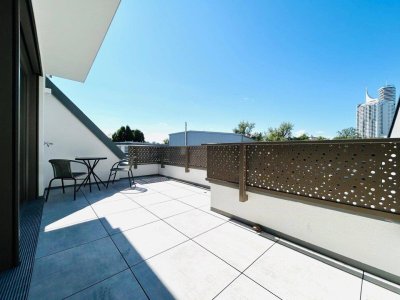 PROVISIONSFREI! Traumhafte DG-Wohnung – 2 Terrassen – Fitnessraum – PKW-Stellplatz – Erstbezug nahe Donau &amp; UNO City