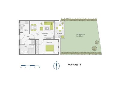2-Zimmer mit 60 m² Gartenanteil