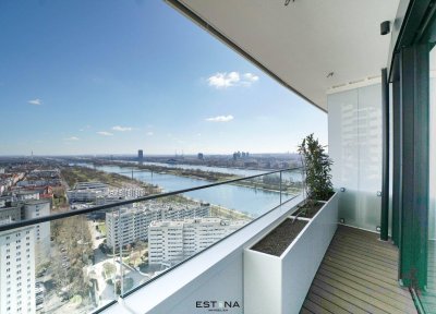 Genießen Sie den Weitblick vom 22. Stock an der Waterfront Wiens mit Doorman und Wellnessbereich