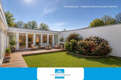Sonniger Atrium-Bungalow mit Zimmerpotenzial, Teilkeller + Garage, Nähe International School!