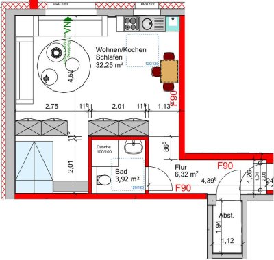 Erdgeschoss / 1 Zimmer / 42 qm / WHG 5