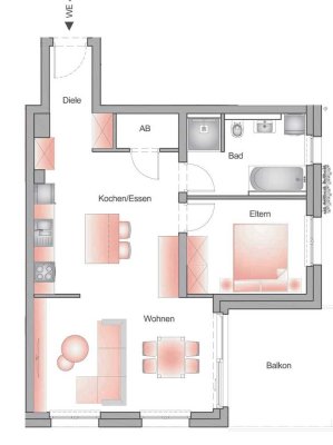 2,5 Zimmer-Wohnung mit  12 Qm Balkon
im 2. Obergeschoss  - mit  Personenaufzug