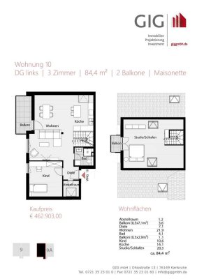 WE10 | Neubau | Maisonette | 2 Balkone | 3 Zimmer | ca. 84 m² | DG | Kellerraum