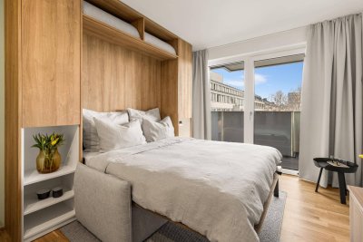 Kurzzeitmiete: Studio Standard (möbliert) mit Zugang zu erstklassigen Gemeinschaftsflächen: Fitness, Co-Working, Dachterrasse, Yoga, Private Dining &amp; Kinoraum
