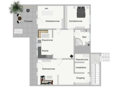 Möblierte 3,5-Zimmer-Souterrain-Wohnung mit Terrasse und Gartenmitbenutzung