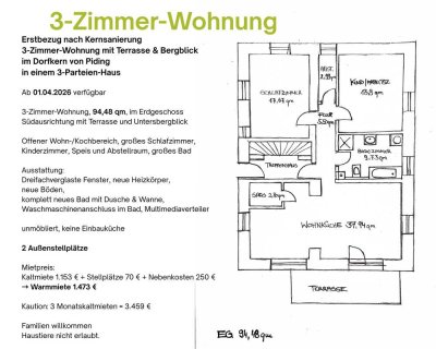 Helle 3-Zimmer Wohnung, EG, 3-Parteien-Haus, Südterrasse mit Bergblick, im Dorfkern von Piding