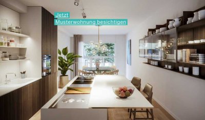 Jetzt Musterwohnung besichtigen: Garten-Maisonette in Holz-Hybrid-Ensemble