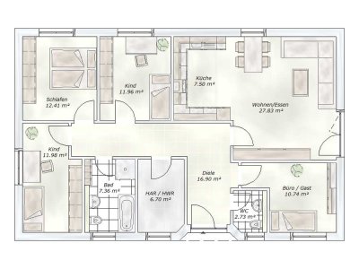 5 Zimmer auf einer Ebene, u.a.m. FBH, L-W-Wärmepumpe, Ton-Dachsteine, etc. – Grundstücks-Preis inkl.