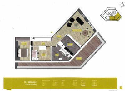 Sonnige 3-Zimmer-Penthouse-Wohnung mit EBK, Dachterrasse, Teilmöbliert