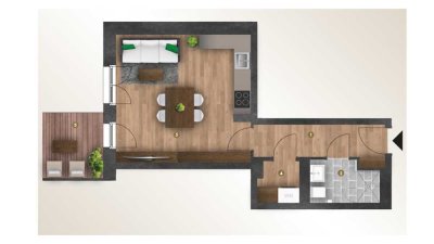 Gemütliches kleines Appartement mit Einbauküche. Erstbezug. Balkon ins Grüne, Abstellraum, Keller.