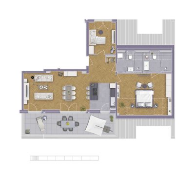 3-Raum-Penthouse mit ca. 26 qm großer Sonnen-Dachterrasse, auf Wunsch mit offenem Kamin