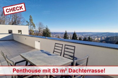 Fernsicht über Weiz! Penthouse-Maisonette mit 83 m² Dachterrasse und 270 m² Garten! In Sackgassenlage!