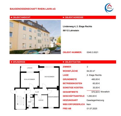 Schöne, günstige Dreizimmerwohnung in Lahnstein bei der Wohnungsbaugenossenschaft
