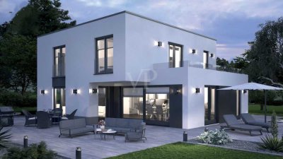 VON POLL - BAD HOMBURG: Projektierte, elegante Flachdach-Villa in malerischer Feldrandlage