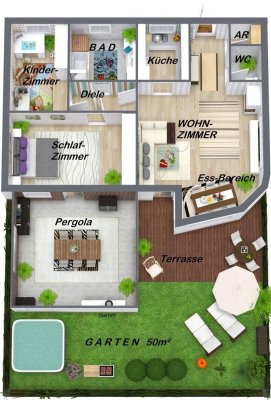 Bester Outdoor- und Wohlfühl Faktor auf der über 50m² großen Garten- und Sonnen Terrasse, Garten südseitig, 3 Zimmer, barrierefrei in Graz Wetzelsdorf