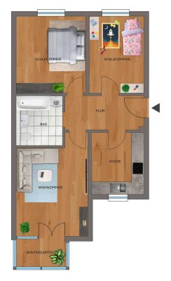 Moderne 3-Raum-Wohnung mit Wintergarten