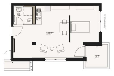 Große 1-Raumwohnung mit Balkon, Küche und Fußbodenheizung