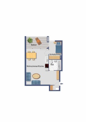 Komplett-sanierte 1,5-Zimmer-Hochparterre-Wohnung mit grossem Balkon