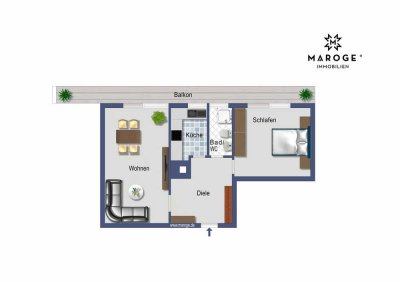 Kernsanierte 2 Zi. Penthouse Wohnung mit EBK & Balkon