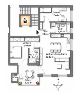 Helle 3 Zimmer Wohnung mit 2 Badezimmer, Südbalkon und EBK