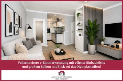 Vollrenovierte 1-Zimmerwohnung mit Einbauküche und großem Balkon mit Blick auf das Olympiastadion!