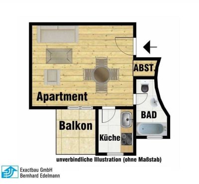 Schöne 1-Zimmer-Wohnung mit ca. 38 m² im 1. Obergeschoss mit Balkon!