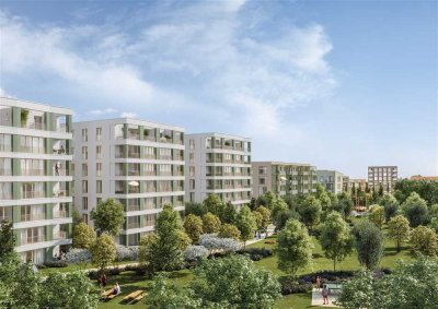 Aussicht auf den grünen Quartierspark: 4-Zimmer-Eigentumswohnung mit privater Loggia.