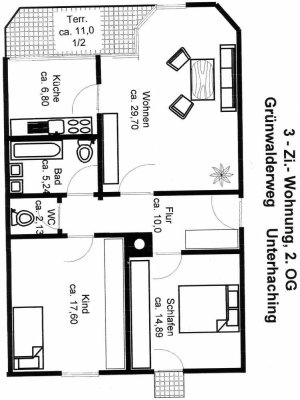 Unterhaching , gut geschnittene ruhige  3 Zi. Whg mit großem Balkon
