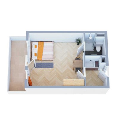 helle teilmöblierte 1-Zimmer-EG Wohnung mit großem Balkon in der Sanderau