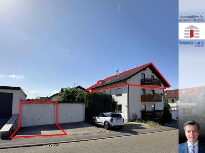 In schöner Lage von Kuppenheim: 3,5-Zi.-Dachgeschosswohnung mit 2 Balkonen, Gartenanteil und Garage