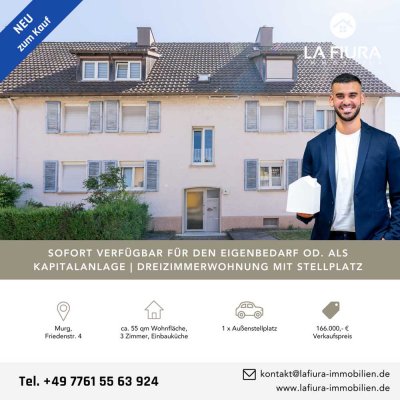 Sofort verfügbare Dreizimmerwohnung mit Außenstellplatz | direkt im Ortszentrum