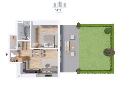 2,5 Zimmer Erdgeschosswohnung: perfekter Grundriss mit großer Terrasse und Garten