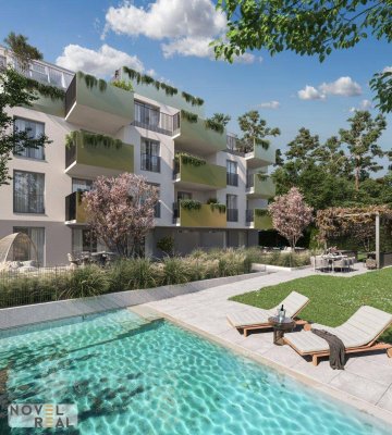 Großflächige Gartenwohnung, 5-Zimmer Erstbezugs-Wohnung mit Garten,Terrasse und 3 Balkone! Pool im Gemeinschaftsgarten!