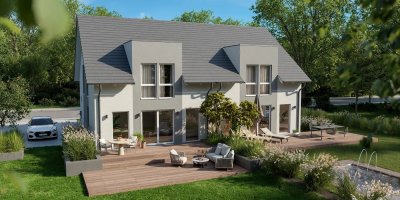 NEUBAU: Doppelhaus FAMILIA DUO Holzhaus in ruhiger Ortsrandlage von Stoffen