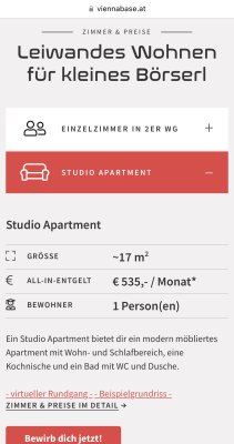 Viennabase.11/ Einzelwohnung / mit Küche, Dusche, WC etc