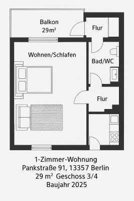 Erstbezug: Stilvoll möblierte 1-Zimmer-Wohnung mit Balkon im 3. Obergeschoss in Berlin-Gesundbrunnen