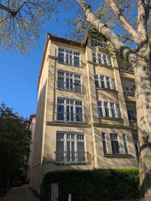 Möbliertes Zimmer in Altbauwohnung mit großer Südfensterfront und Blick ins Grüne