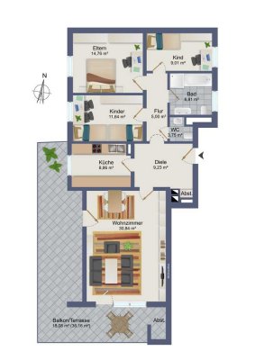 Gepflegte 4-ZKB-Whg. mit 112 m²-Wohnfl. inkl. 35 m² Balkonterrasse in Neusäß