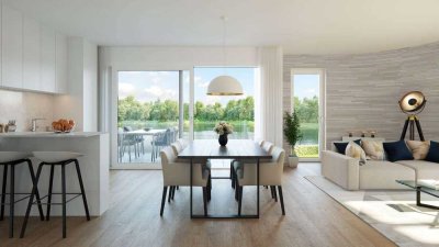 Wohnen mit Urlaubsflair: 3-Zi.-Neubau mit 2 Bädern direkt am See. Dank EH 40 + QNG KfW-förderfähig