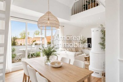 Loftartiges Wohnen in Sackgassenlage – Galerie, Kamin, Westbalkon und maßgefertigte Landhausküche