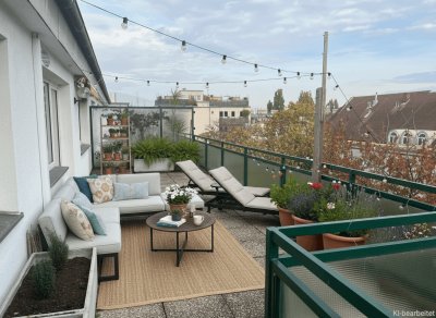 Exklusive Dachgeschosswohnung mit 40 m² Süd/Ost-Terrasse &amp; Balkon - Ruhelage nahe Thaliastraße