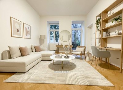 Gartenwohnung im 7. Bezirk: Ruhige 1-Zimmer Altbauwohnung mit 85 m² Garten &amp; privatem Keller mit Gewölbe