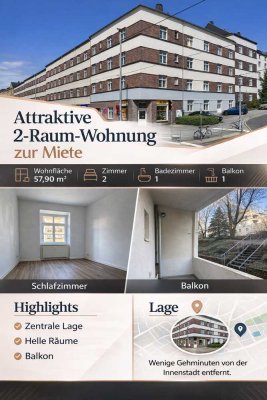 Helle 2-Raum-Wohnung mit Balkon, Küche mit Fenster und Tageslichtbad