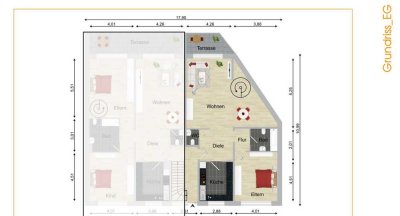 95 m2-Nutzfläche, 2 Zi-Wohnung mit Wellnessbereich und Terrasse.