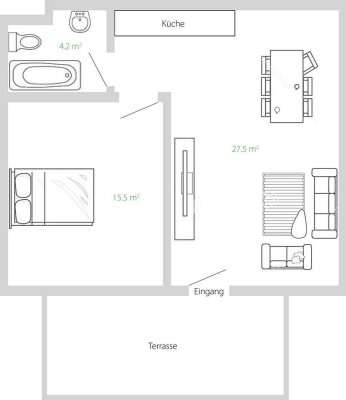 Eine schöne 2 Zimmer-Wohnung mit Terrasse. Die Wohnung ist 47 m2 gross.