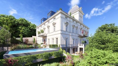 Herrschaftliche Wohnung in historischer Villa | über 440m² Garten &amp; möglicher Infinity Pool | ca. 4,40 m Raumhöhe | sanierungsbedürftig | U-Bahnnähe
