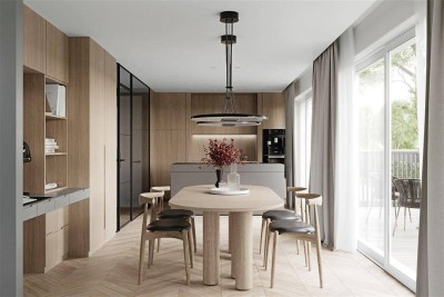 Im Einfamilienhausstil – 102 m² Wohnfläche, sonniger Südgarten, privater Eingang, eigener Keller mit Waschküche und zwei eigene Fahrradabstellplätze.