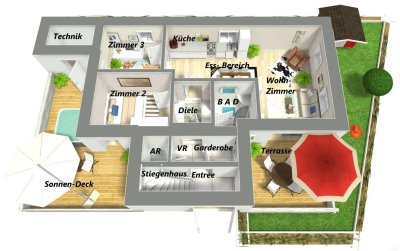 Großzügige Sonnen Terrassen. Erdgeschoss. Barrierefrei.