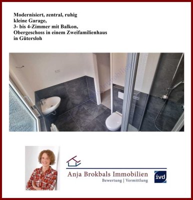 Modernisiert, zentral, ruhig, kl. Garage, 3- bis 4-Zimmer mit Balkon, Obergeschoss in einem Zweif...