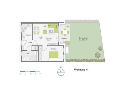 2-Zimmer mit 55 m² Gartenanteil